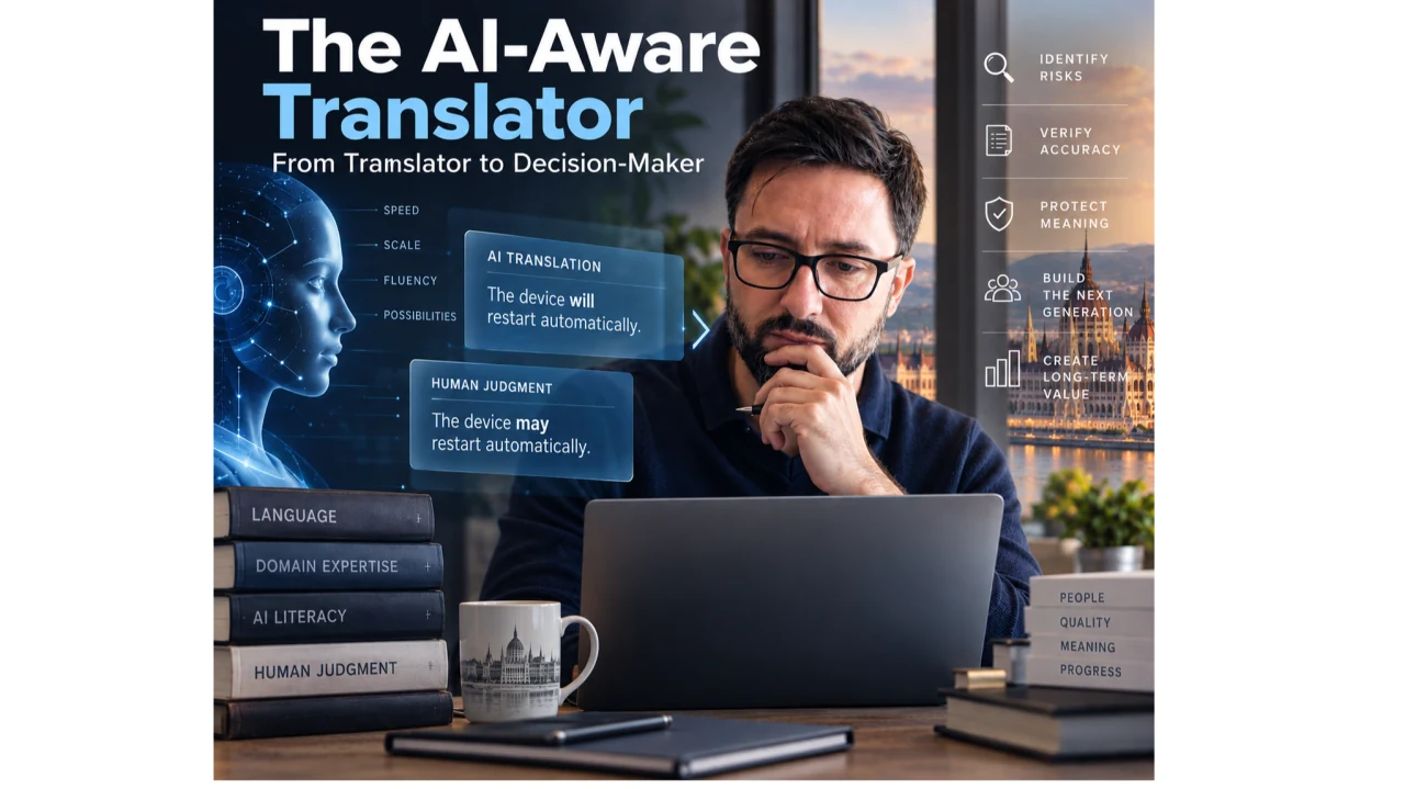 Original AI-Aware Translator illustration featuring a professional reviewing AI-assisted content