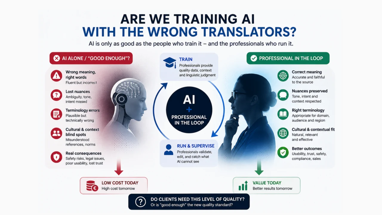 Original illustration contrasting AI trained with insufficient review and AI with experienced language professionals in the loop