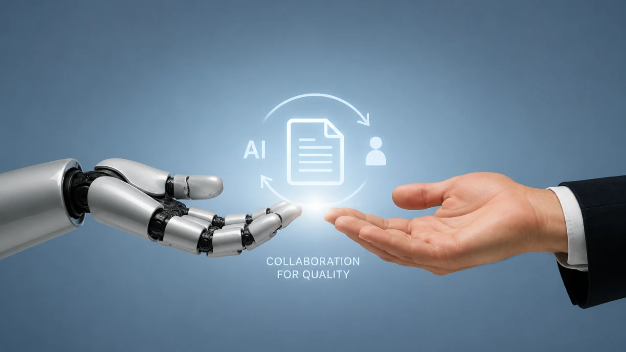 Illustration of a human hand and robotic hand collaborating around a document