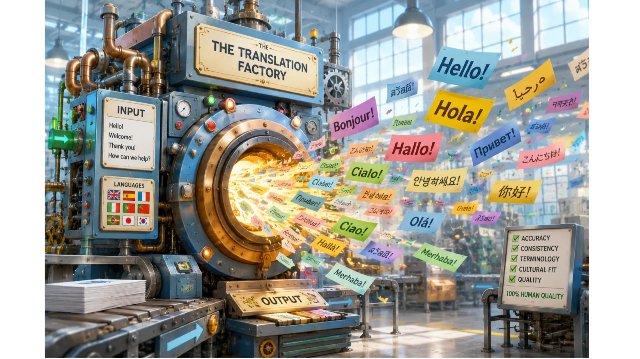 Illustrated translation factory producing multilingual text, reflecting industrial-scale translation workflows