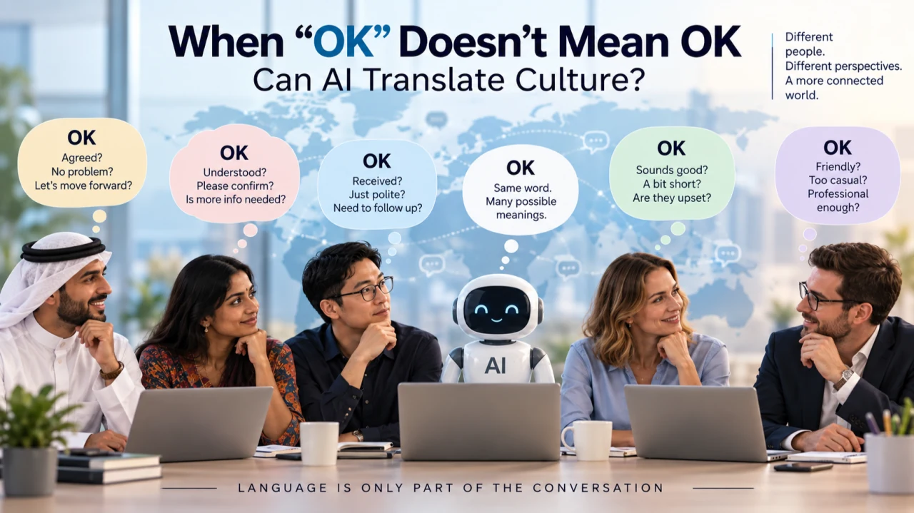 Original editorial artwork illustrating different interpretations of OK in a multicultural conversation