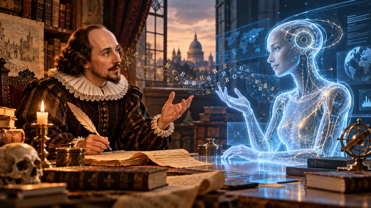 William Shakespeare speaking with a luminous AI figure in a historical study